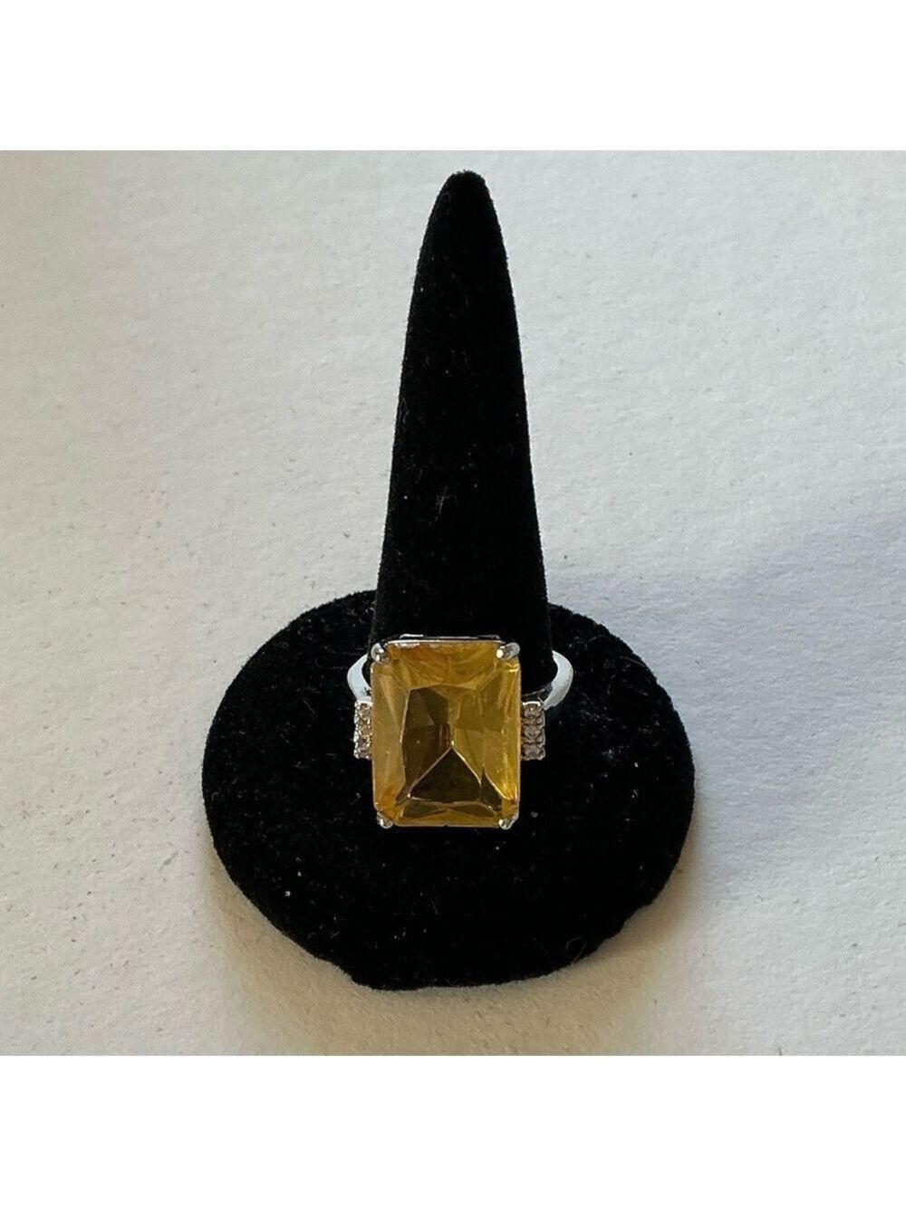 Vintage Sterling Emerald Cut Yellow Citrine Gemstone Ring with Diamond Accents